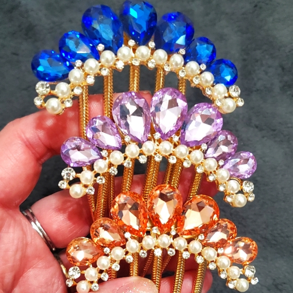 NEW 3x Lot 3-Piece Heavy Jeweled Hair Combs Prom Fancy Formal Navy, Peach, Lilac